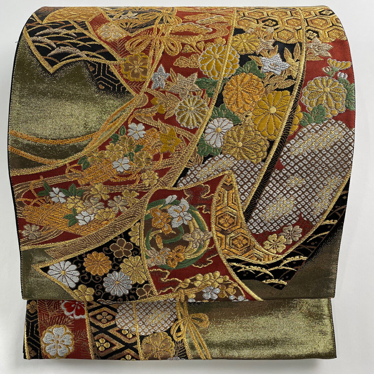 袋帯 秀品 几帳慶賀文 草花 本金箔 金銀糸 金色 六通 正絹 【中古】