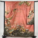 振袖 身丈160cm 裄丈64.5cm M 袷 花鳥 橋 金糸 金銀彩 ピンク 正絹 秀品 【中古】