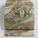 袋帯 秀品 向かい鶴 手鞠 唐織 箔 薄緑 六通 正絹 【中古】
