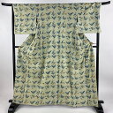 小紋 身丈164cm 裄丈68.5cm L 袷 紬地 草花 蝶 薄緑 正絹 逸品 【中古】