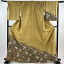 訪問着 身丈165.5cm 裄丈69cm L 袷 落款あり 辻が花柄 金彩 染め分け 黄土色 正絹 名品 【中古】
