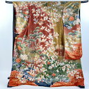 振袖 身丈173cm 裄丈67cm M 袷 花鳥 流水 金通し 金彩 赤茶 正絹 名品 【中古】