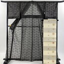 小紋 身丈160.5cm 裄丈66cm M 薄物 紗 袋帯セット 花柄 黒 正絹 美品 名品 【中古】