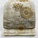 袋帯 秀品 華文 向かい鳥 金糸 箔 灰白 全通 正絹 【中古】