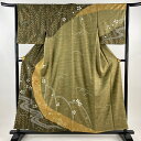訪問着 身丈156cm 裄丈64cm M 袷 菊 流水 刺繍 絞り 茶緑色 正絹 秀品 【中古】
