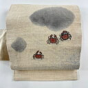 名古屋帯 秀品 落款あり カニ 雲 ベージュ 正絹 【中古】