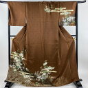 訪問着 身丈166cm 裄丈67.5cm L 袷 秋草 ヱ霞 金彩 焦茶色 正絹 秀品 【中古】