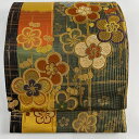 袋帯 美品 秀品 梅 縞 金糸 唐織 緑 六通 正絹 【中古】