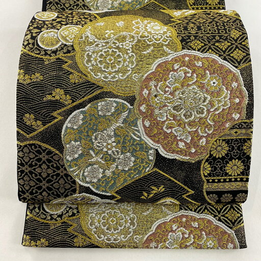 袋帯 美品 秀品 鏡裏花重文 鏡裏文 草花 金銀糸 箔 黒 六通 正絹 【中古】 袋帯 美品 秀品 鏡裏花重文 鏡裏文 草花 金銀糸 箔 黒 六通 正絹 【中古】