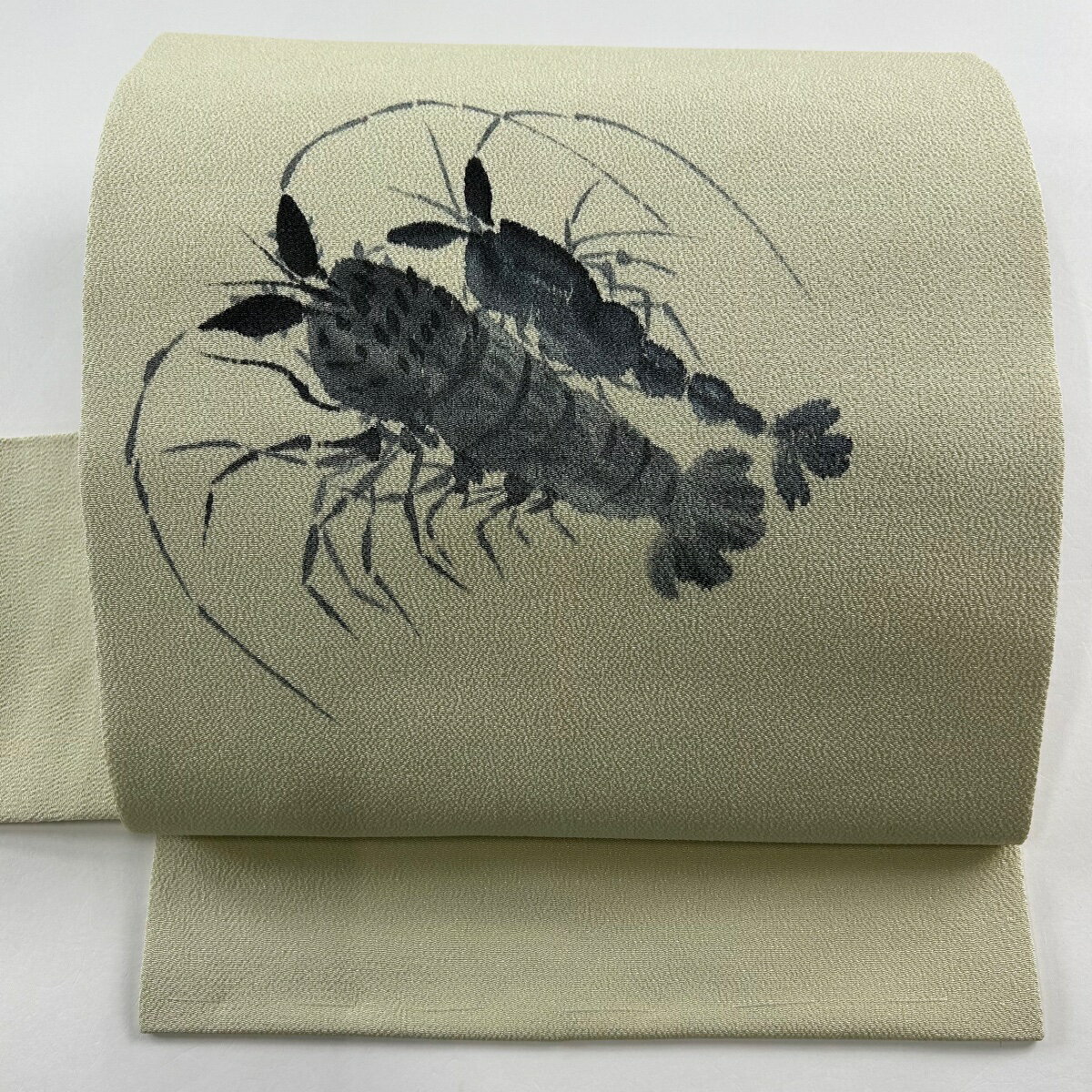 名古屋帯 秀品 伊勢海老 縮緬 薄緑 正絹 【中古】