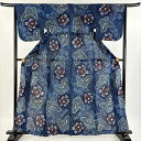 浴衣 身丈161cm 裄丈64.5cm M 絞り浴衣 蝶 花 藍色 綿 美品 名品 【中古】