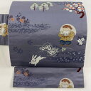 名古屋帯 美品 秀品 人物 うさぎ 灰紫 正絹 【中古】