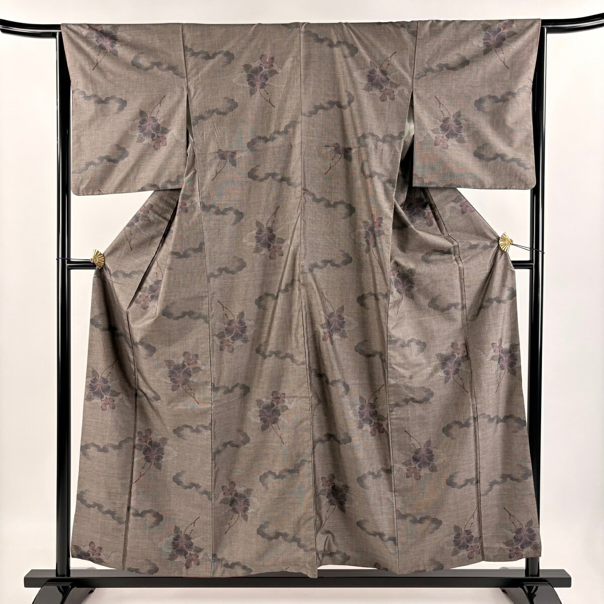 紬 身丈156cm 裄丈65cm M 袷 草花 雲文 焦茶色 正絹 美品 秀品 【中古】(4)