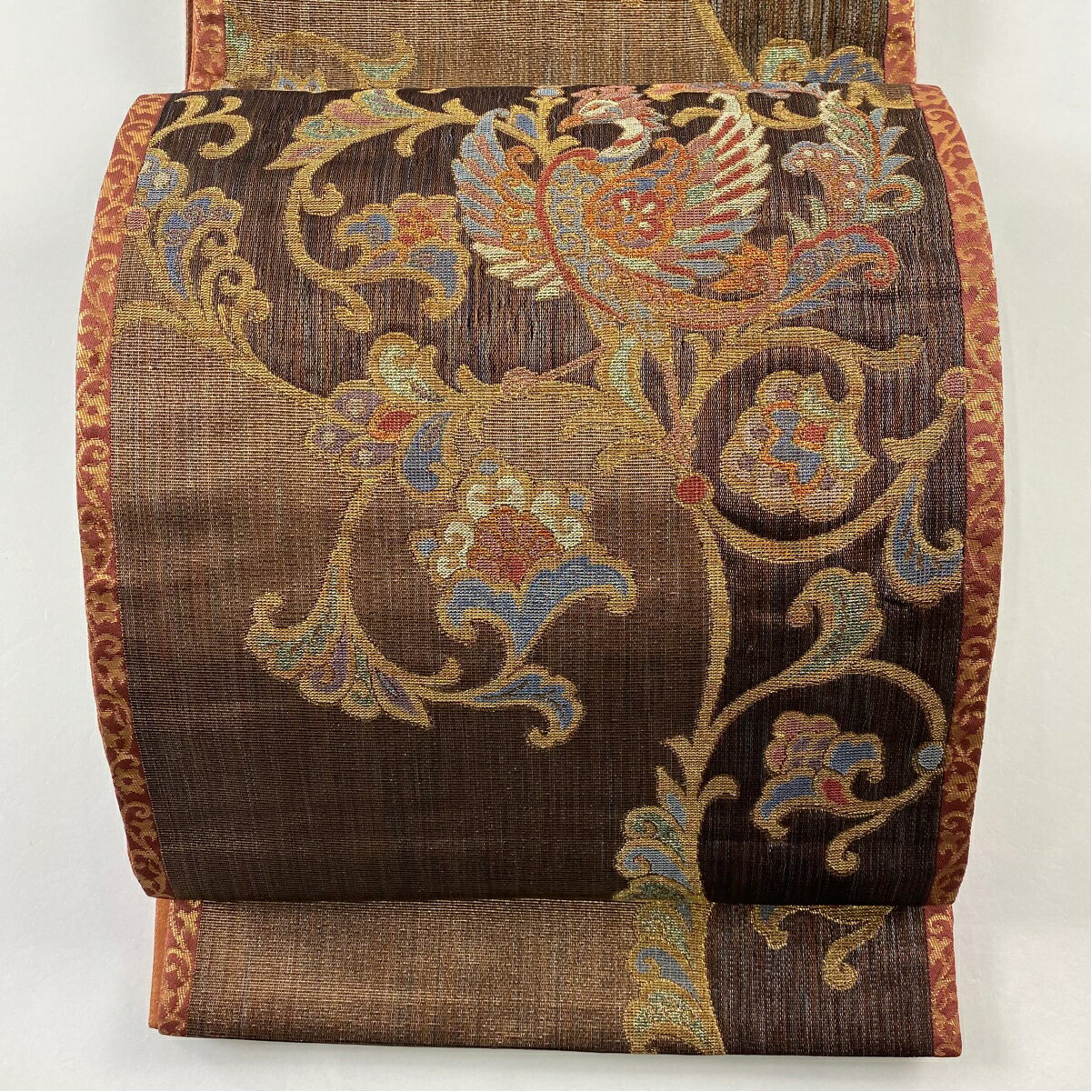 袋帯 秀品 鈴乃屋 鳳凰 花唐草 金糸 茶色 六通 正絹 【中古】