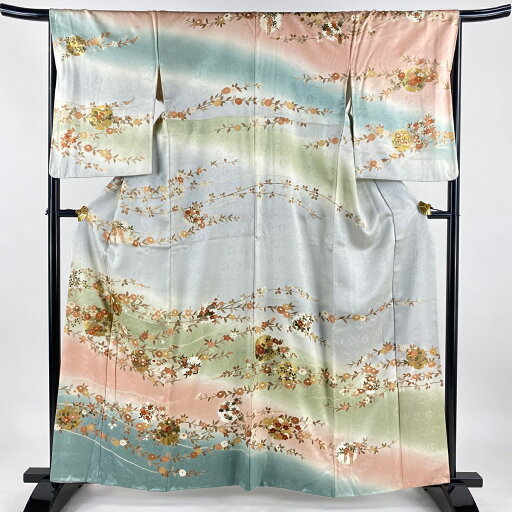 訪問着 身丈159.5cm 裄丈66.5cm M 袷 雪輪 菊 金糸 金銀彩 青灰色 正絹 秀品 【中古】 訪問着 身丈159.5cm 裄丈66.5cm M 袷 雪輪 菊 金糸 金銀彩 青灰色 正絹 秀品 【中古】