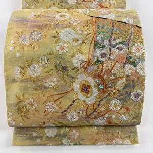 袋帯 秀品 全通 伊東深水 鼓 几帳 金銀糸 箔 金色 全通 正絹 【中古】