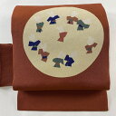 名古屋帯 美品 名品 うさぎ 月 縮緬 赤茶 正絹 【中古】