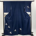 付下げ 身丈168cm 裄丈68.5cm L 袷 うさぎ 露芝 絞り 金彩 紺色 正絹 逸品 【中古】