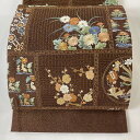 袋帯 美品 逸品 草花 花うさぎ 金糸 刺繍 茶色 六通 正絹 【中古】