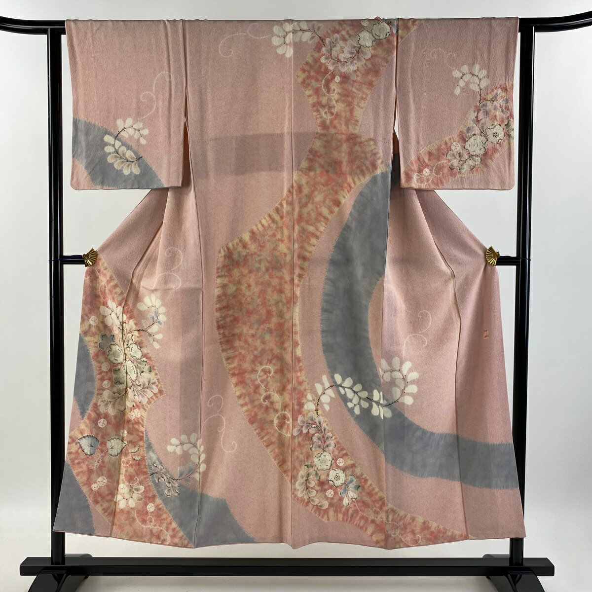 訪問着 身丈150.5cm 裄丈62cm S 袷 滝泰 落款あり 辻が花 ピンク 正絹 美品 名品 【中古】