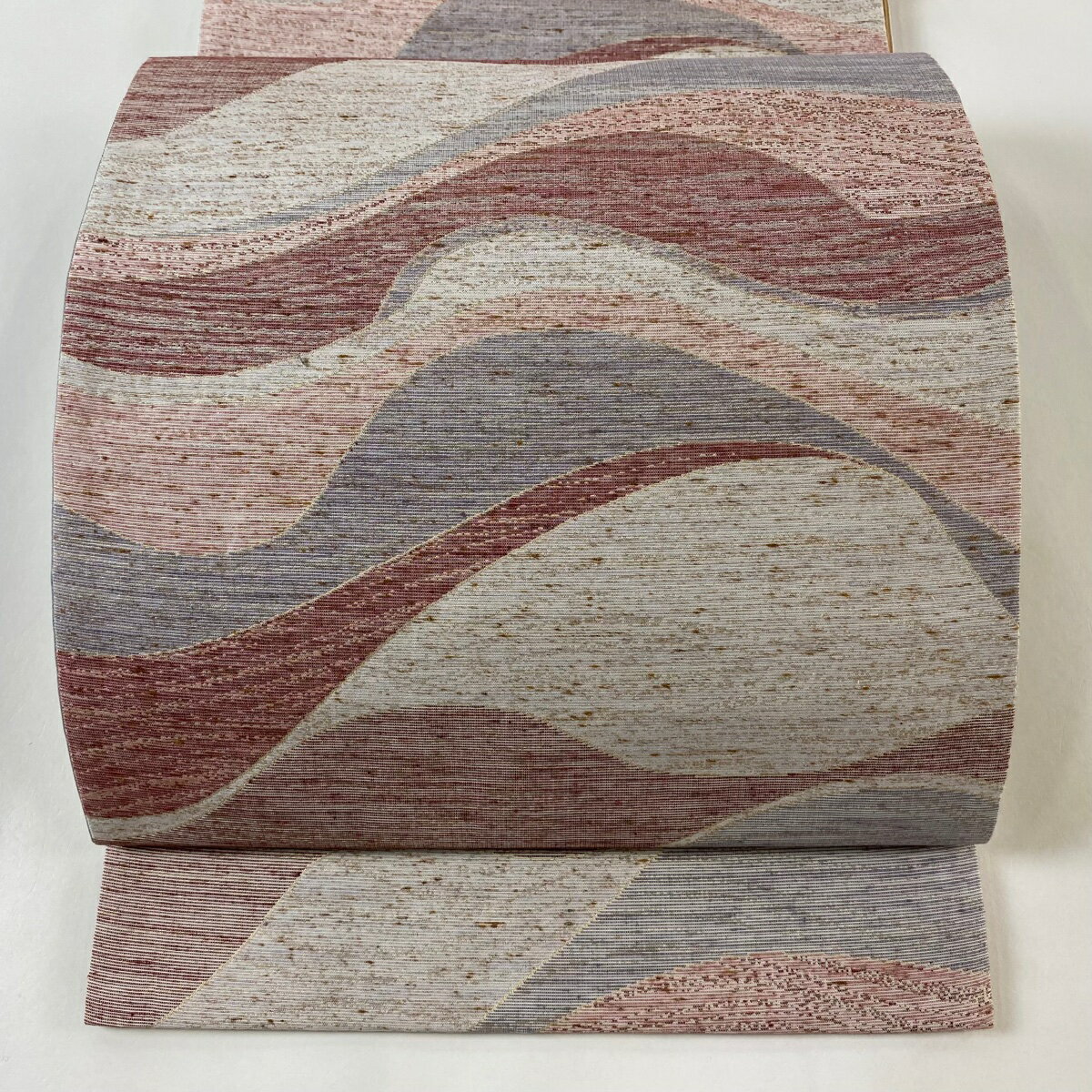 袋帯 美品 名品 幾何学模様 箔 濃ピンク 六通 正絹 【中古】