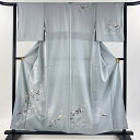 付下げ 身丈157cm 裄丈62.5cm S 袷 草花 シルエット 刺繍 金糸 水色 正絹 秀品 【中古】
