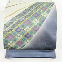 袋帯 名品 花 青海波 金彩 灰紫 お太鼓柄 正絹 【中古】