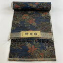 反物 秀品 紬 柳雅紬 草花 有職文様 濃紺 正絹 【中古】
