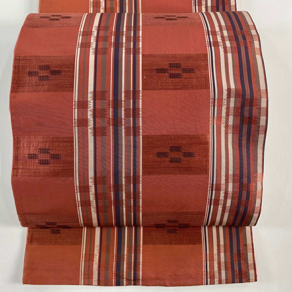 袋名古屋帯 美品 秀品 縞 絣柄 ピンクベージュ 正絹 【中古】