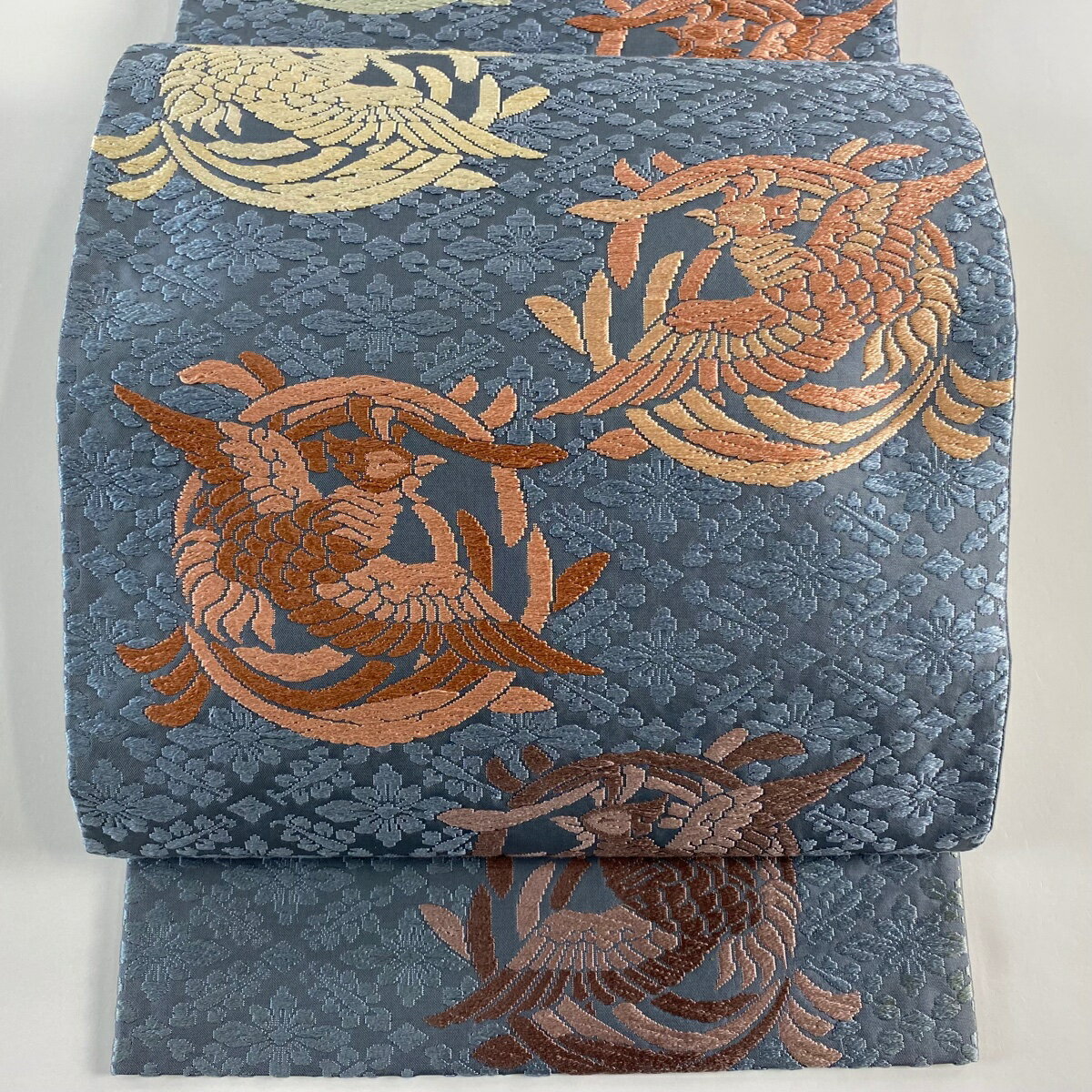 袋帯 秀品 鳳凰 青灰色 六通 正絹 【中古】