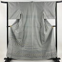 付下げ 身丈159cm 裄丈64cm M 袷 紬地 鱗 灰色 正絹 秀品 【中古】