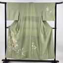 付下げ 身丈152cm 裄丈64.5cm M 袷 百貫石峰 鈴乃屋 落款あり 草花 ぼかし 薄緑 正絹 逸品 一つ紋 【中古】