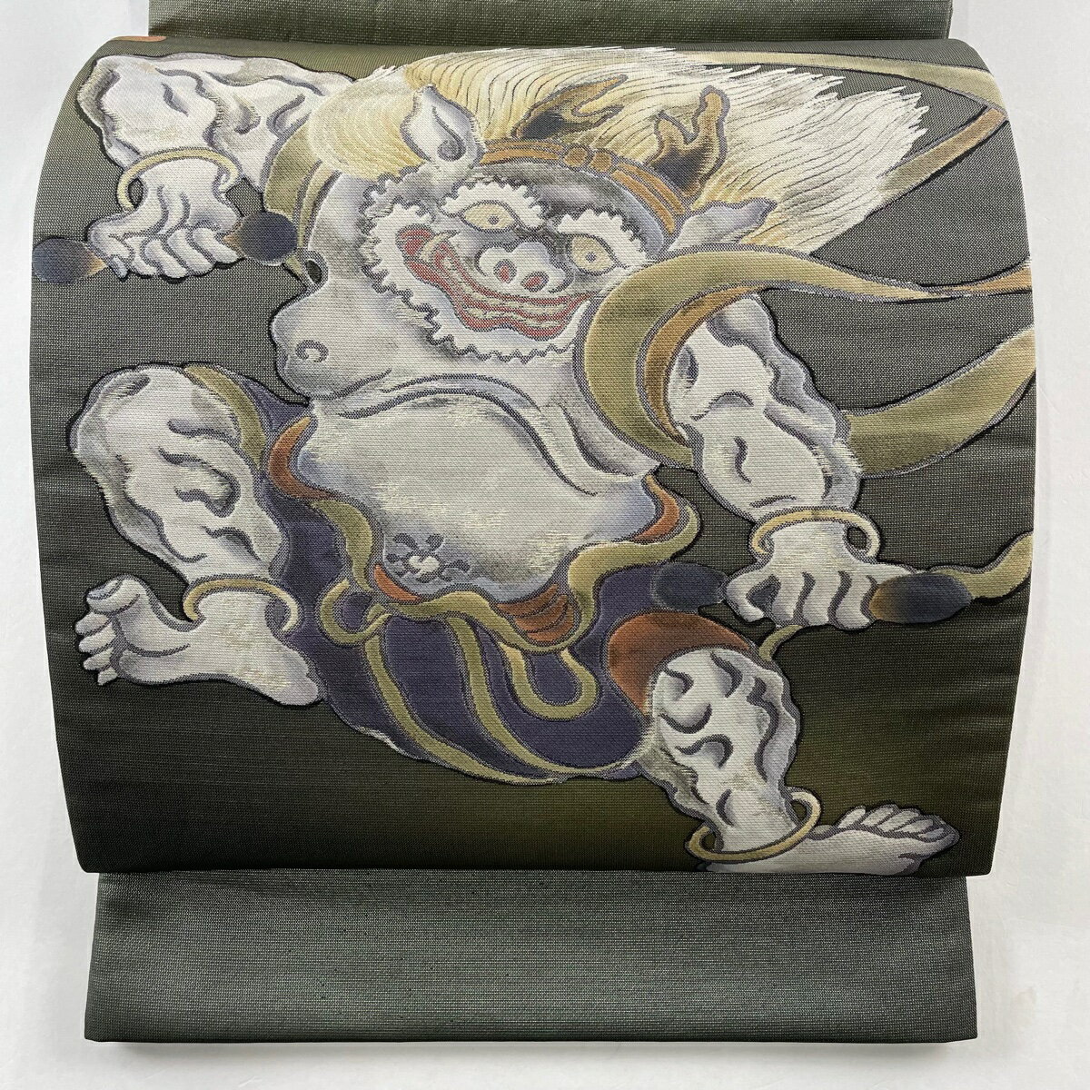 袋帯 美品 逸品 雷神 箔 灰緑 お太鼓柄 正絹 【中古】