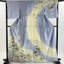 訪問着 身丈163.5cm 裄丈66cm M 袷 枝花 桜 染め分け ぼかし 青灰色 正絹 逸品 【中古】