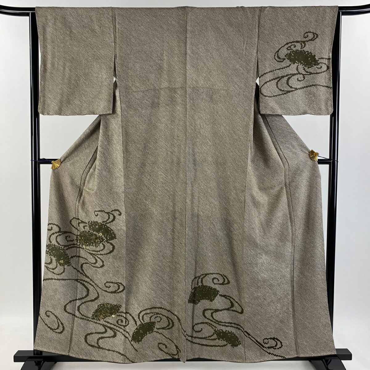 付下げ 身丈159cm 裄丈62.5cm S 袷 秋草 扇面 金糸 刺繍 茶緑色 正絹 美品 秀品 【中古】