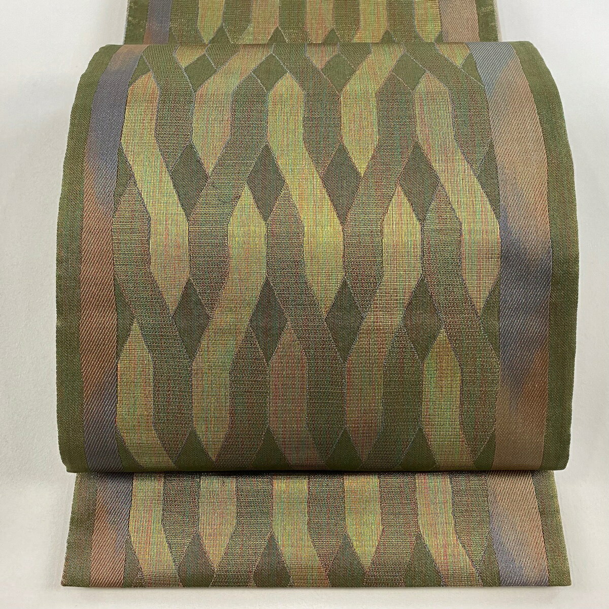 袋帯 美品 名品 リバーシブル 手先ニ通り 幾何学 花柄 金糸 ラメ糸 よもぎ色 全通 正絹 【中古】