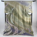 訪問着 身丈176cm 裄丈68cm 未仕立て 滝泰 仮絵羽 落款あり 辻が花 流水 刺繍 ぼかし 抹茶色 正絹 美品 逸品 【中古】