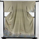 訪問着 身丈154cm 裄丈66.5cm M 袷 草花 流水 金糸 金彩 灰緑 正絹 秀品 【中古】