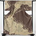 訪問着 身丈160cm 裄丈62.5cm S 袷 蝶 秋草 絞り 薄茶色 正絹 秀品 【中古】