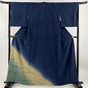 付下げ 身丈160cm 裄丈64.5cm M 袷 霞 染め分け ぼかし 濃紺 正絹 秀品 一つ紋 【中古】