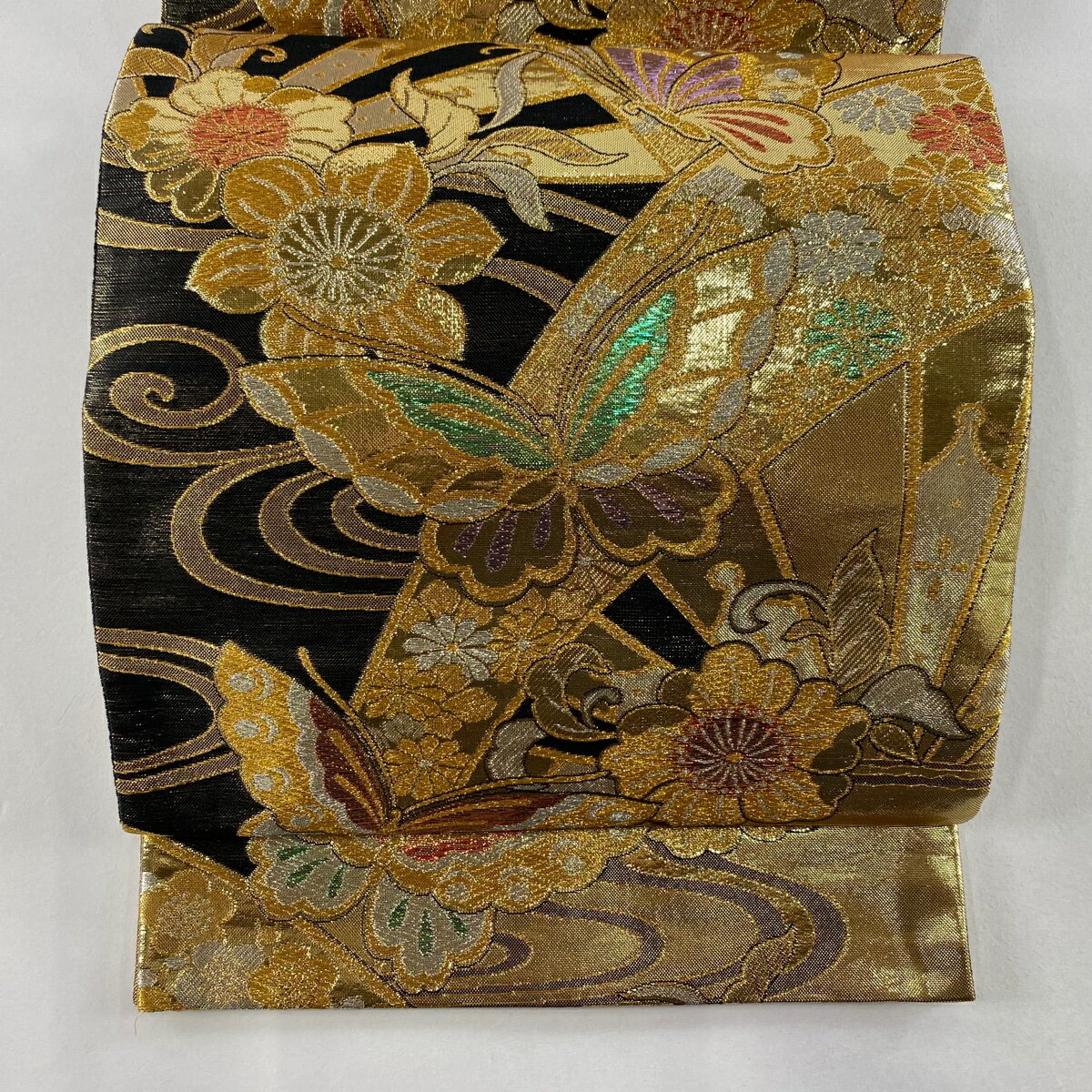 袋帯 秀品 片輪車 蝶 金銀糸 箔 金色 六通 正絹 【中古】