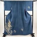 付下げ 身丈162cm 裄丈66cm M 袷 雪輪 秋草 金銀彩 青灰色 正絹 秀品 一つ紋 【中古】