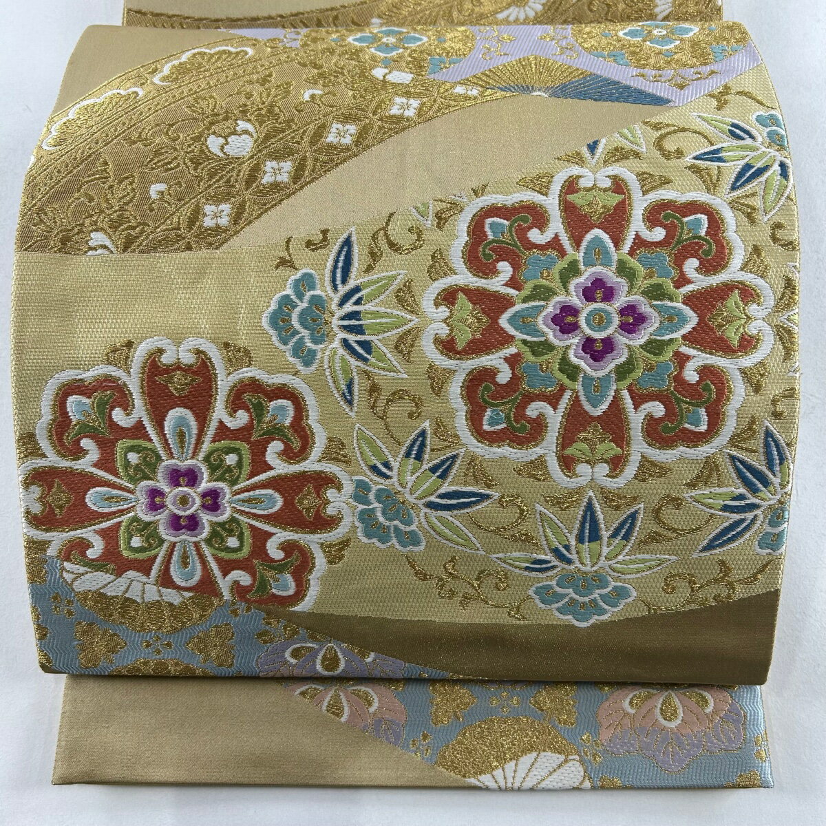 袋帯 秀品 華文 金糸 刺繍 薄茶色 六通 正絹 【中古】