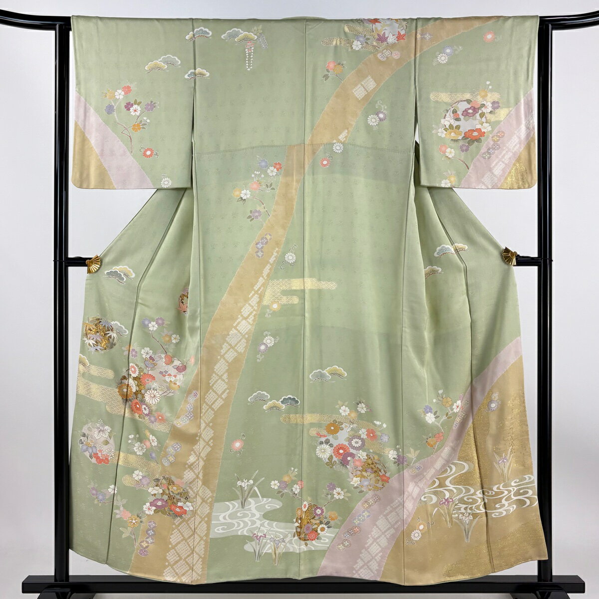 【最終値引き】 訪問着 身丈154.5cm 裄丈64cm M 袷 花丸文 ヱ霞 金彩 絞り 抹茶色 正絹 秀品 【中古】 msp50