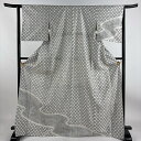 付下げ 身丈170cm 裄丈63cm S 袷 結城紬地 柿渋染 落款あり 証紙あり 花唐草 市松 灰白 正絹 美品 名品 【中古】