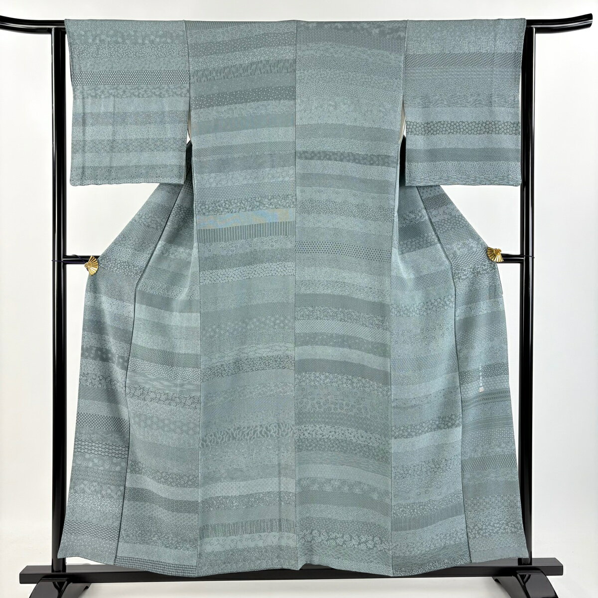 江戸小紋 身丈156cm 裄丈63cm S 袷 中島久雄 落款あり 横段 有職文様 灰緑 正絹 美品 名品 【中古】