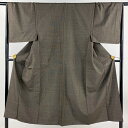 男着物 身丈143.5cm 裄丈66.5cm M 袷 紬地 アンサンブル 幾何学模様 焦茶色 正絹 美品 優品 【中古】