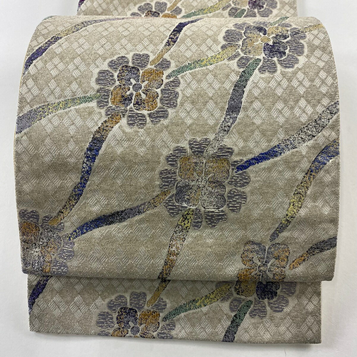 袋名古屋帯 名品 花 立涌 金銀糸 箔 灰白 正絹 【中古】