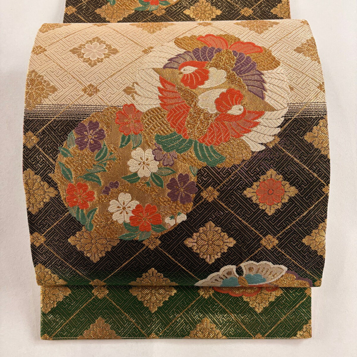 袋帯 秀品 桜 向かい鳥 金糸 唐織 ベージュ 六通 正絹 【中古】