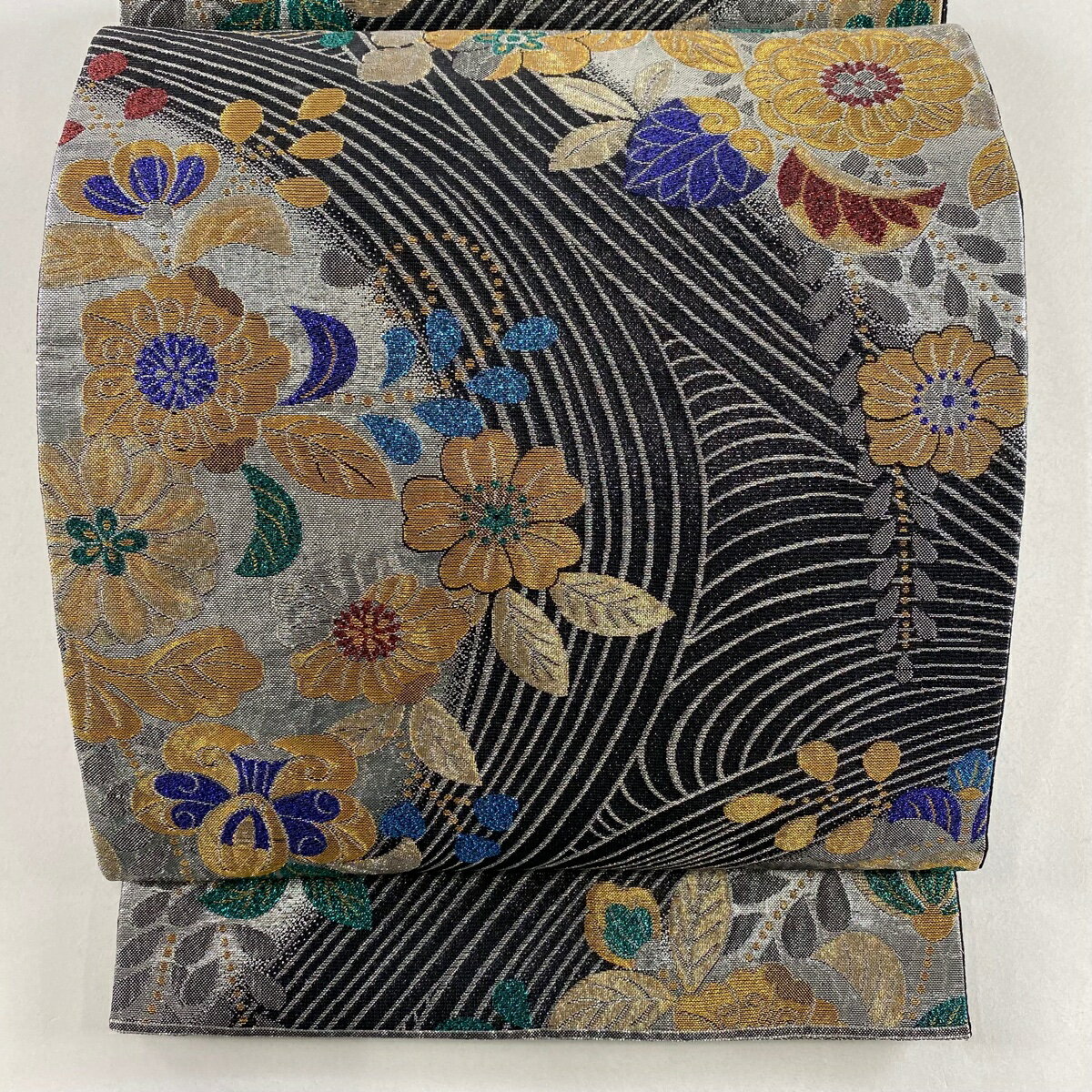 袋帯 美品 秀品 草花 金銀糸 箔 黒灰 六通 正絹 【中古】